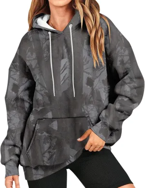 Camo Hoodie Women Casual Loose Fit Sweatshirts Maple Leaf Print Oversized Pullover with Pocket Fall Clothes