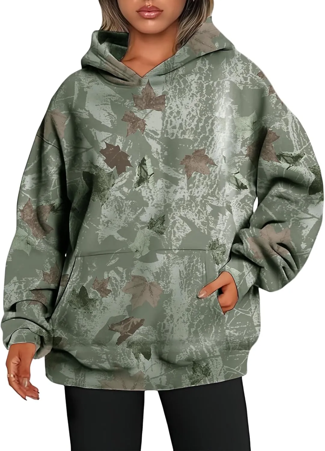 Camo Hoodie Womens Camo Sweatshirt for Women Trendy Maple Leaf Plain Hoodies Fleece Oversized Y2K Pullover with Pocket