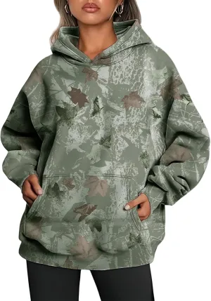 Camo Hoodie Womens Camo Sweatshirt for Women Trendy Maple Leaf Plain Hoodies Fleece Oversized Y2K Pullover with Pocket