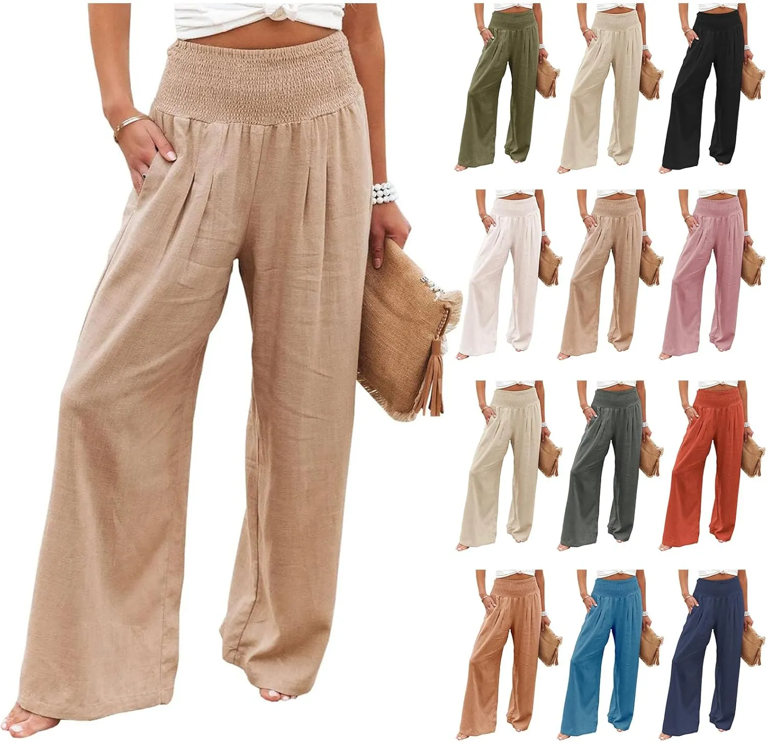 Canbebig Womens Linen Pants Boho Wide Leg High Waist Palazzo Pants Casual Smocked Waisted Pants Lounge Trousers with Pockets
