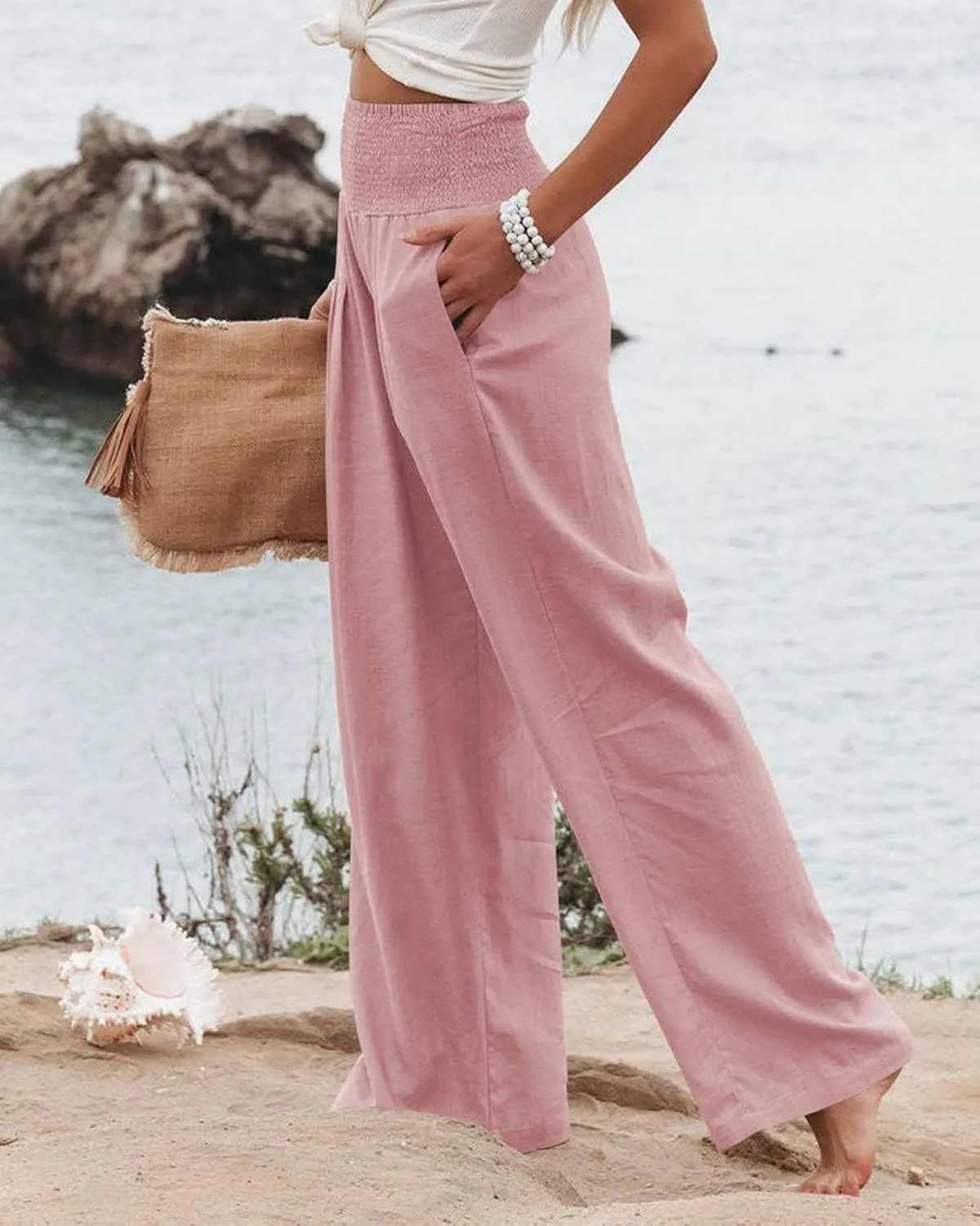 Canbebig Womens Linen Pants Boho Wide Leg High Waist Palazzo Pants Casual Smocked Waisted Pants Lounge Trousers with Pockets