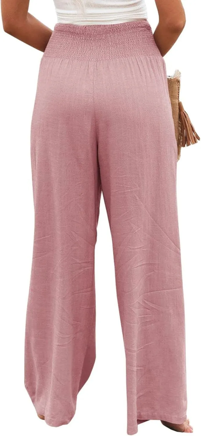 Canbebig Womens Linen Pants Boho Wide Leg High Waist Palazzo Pants Casual Smocked Waisted Pants Lounge Trousers with Pockets