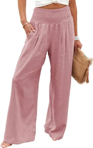 Canbebig Womens Linen Pants Boho Wide Leg High Waist Palazzo Pants Casual Smocked Waisted Pants Lounge Trousers with Pockets