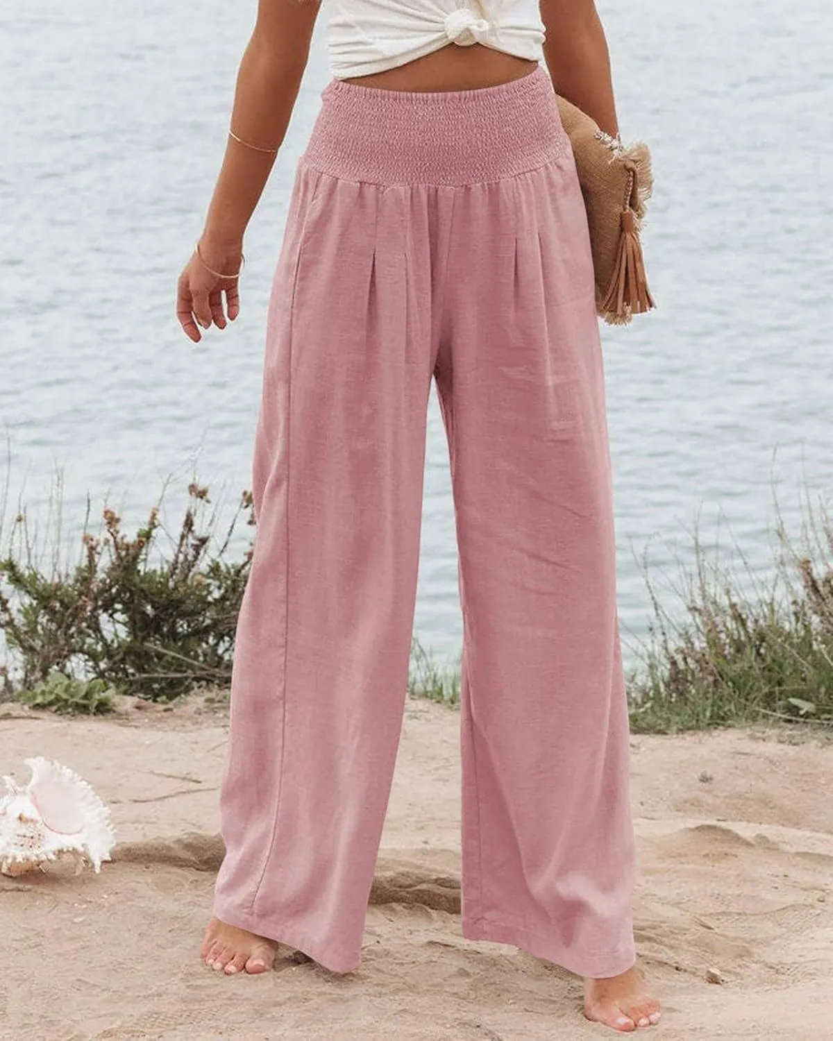 Canbebig Womens Linen Pants Boho Wide Leg High Waist Palazzo Pants Casual Smocked Waisted Pants Lounge Trousers with Pockets