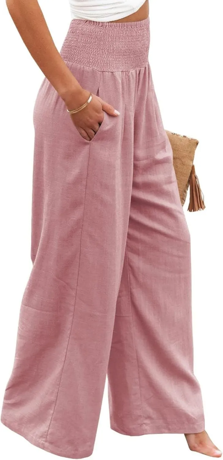 Canbebig Womens Linen Pants Boho Wide Leg High Waist Palazzo Pants Casual Smocked Waisted Pants Lounge Trousers with Pockets