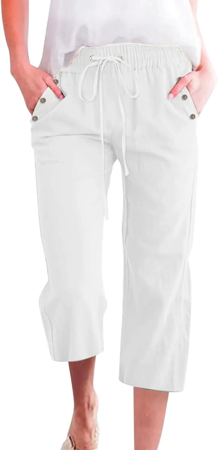 Capris Pants for Women Cotton Linen Casual Summer Straight Wide Leg Loose Drawstring Elastic Waist Cropped Trouser