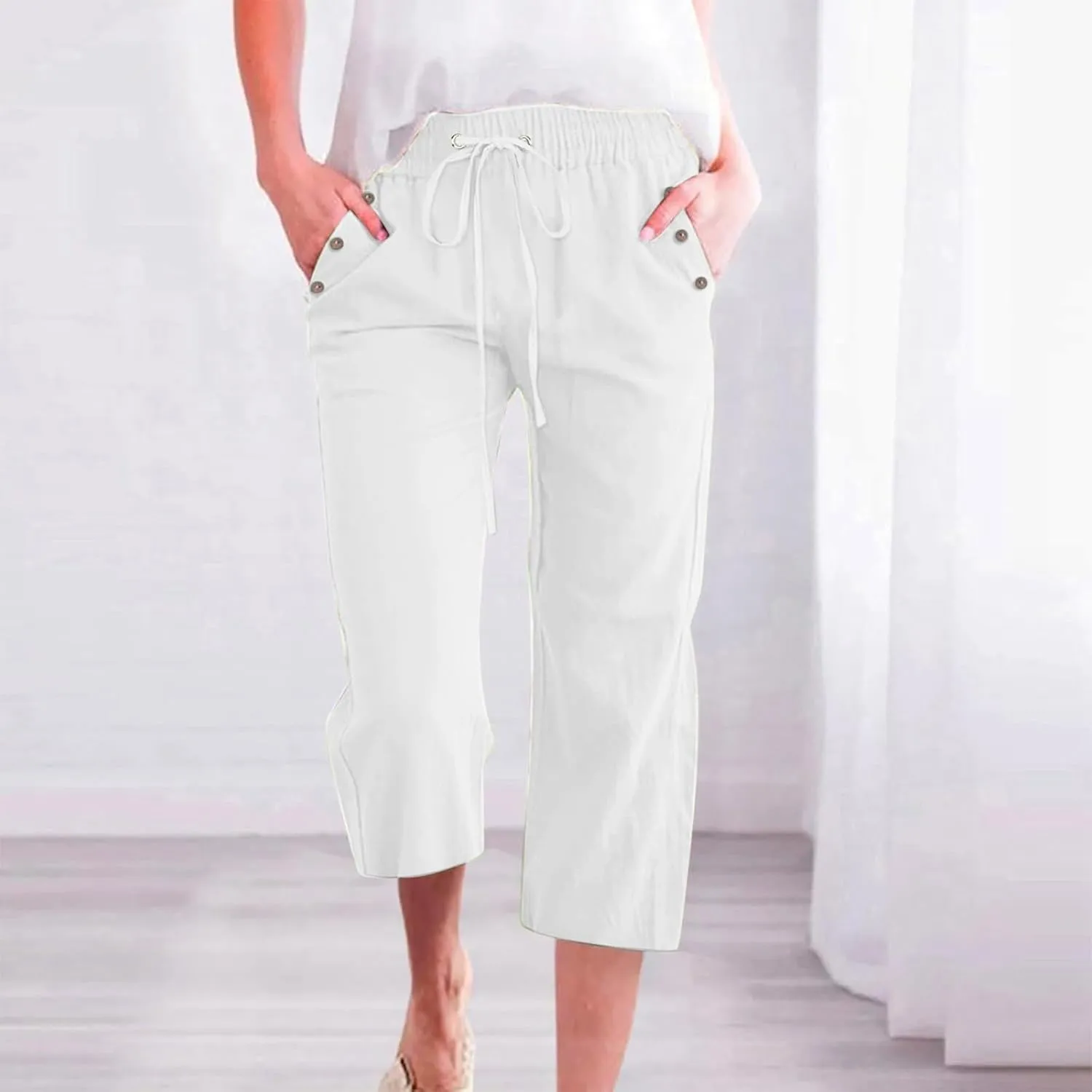Capris Pants for Women Cotton Linen Casual Summer Straight Wide Leg Loose Drawstring Elastic Waist Cropped Trouser
