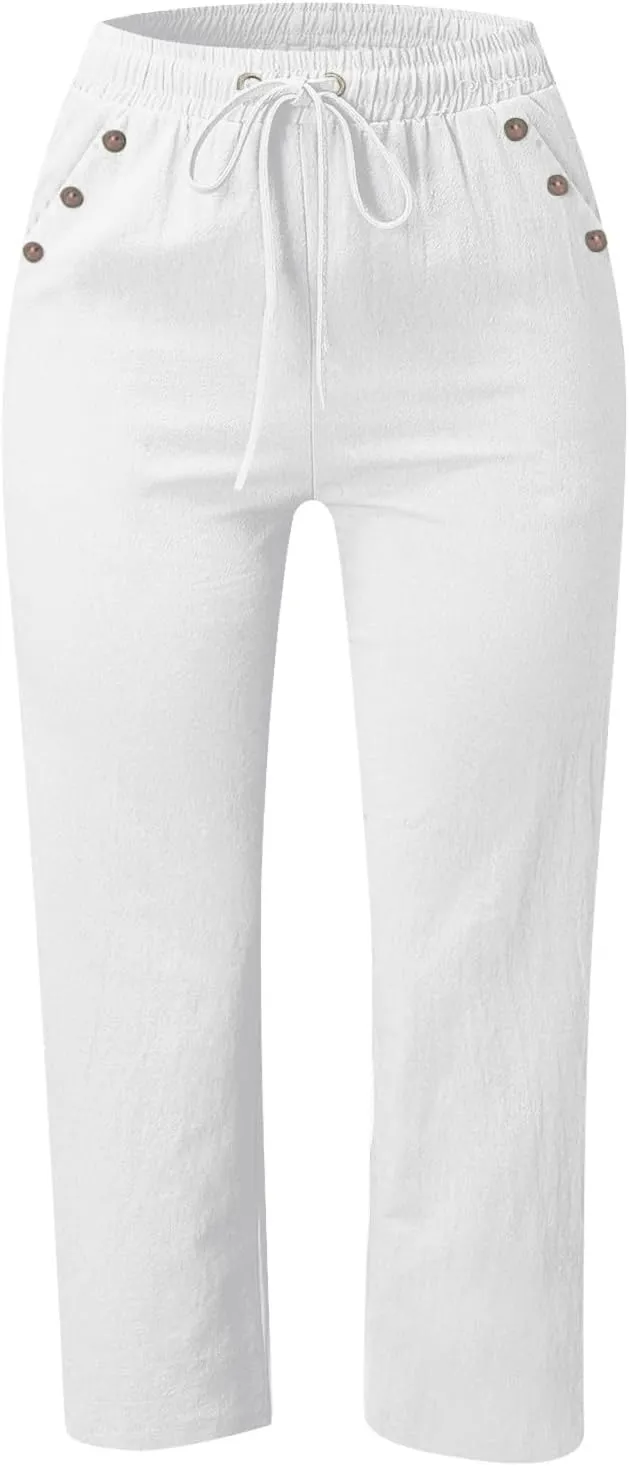Capris Pants for Women Cotton Linen Casual Summer Straight Wide Leg Loose Drawstring Elastic Waist Cropped Trouser