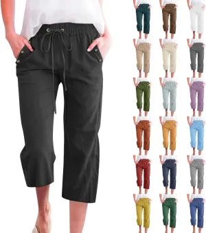 Capris Pants for Women Cotton Linen Casual Summer Straight Wide Leg Loose Drawstring Elastic Waist Cropped Trouser