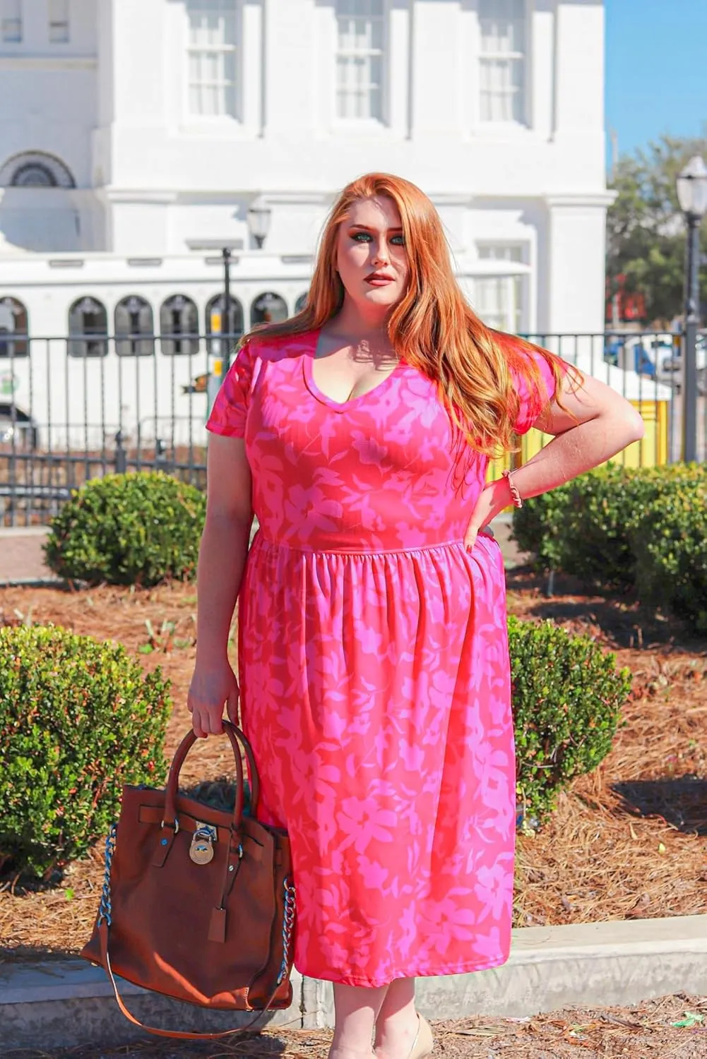 CARCOS Plus Size Dresses for Curvy Women V Neck Short Sleeve Dresses Floral/Striped Summer Boho Dresses with Pocket XL-5XL