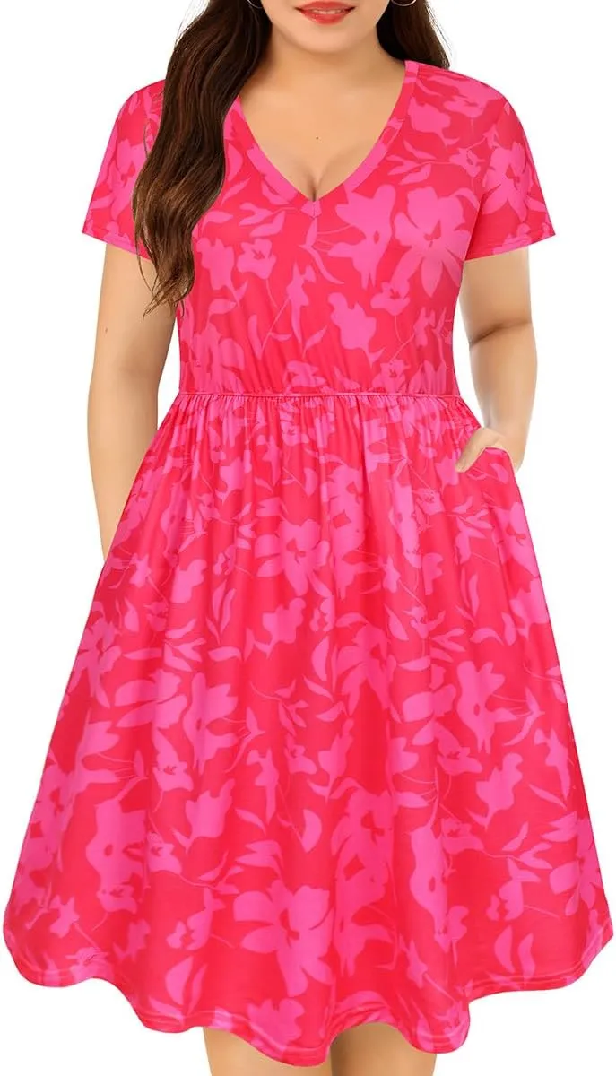 CARCOS Plus Size Dresses for Curvy Women V Neck Short Sleeve Dresses Floral/Striped Summer Boho Dresses with Pocket XL-5XL