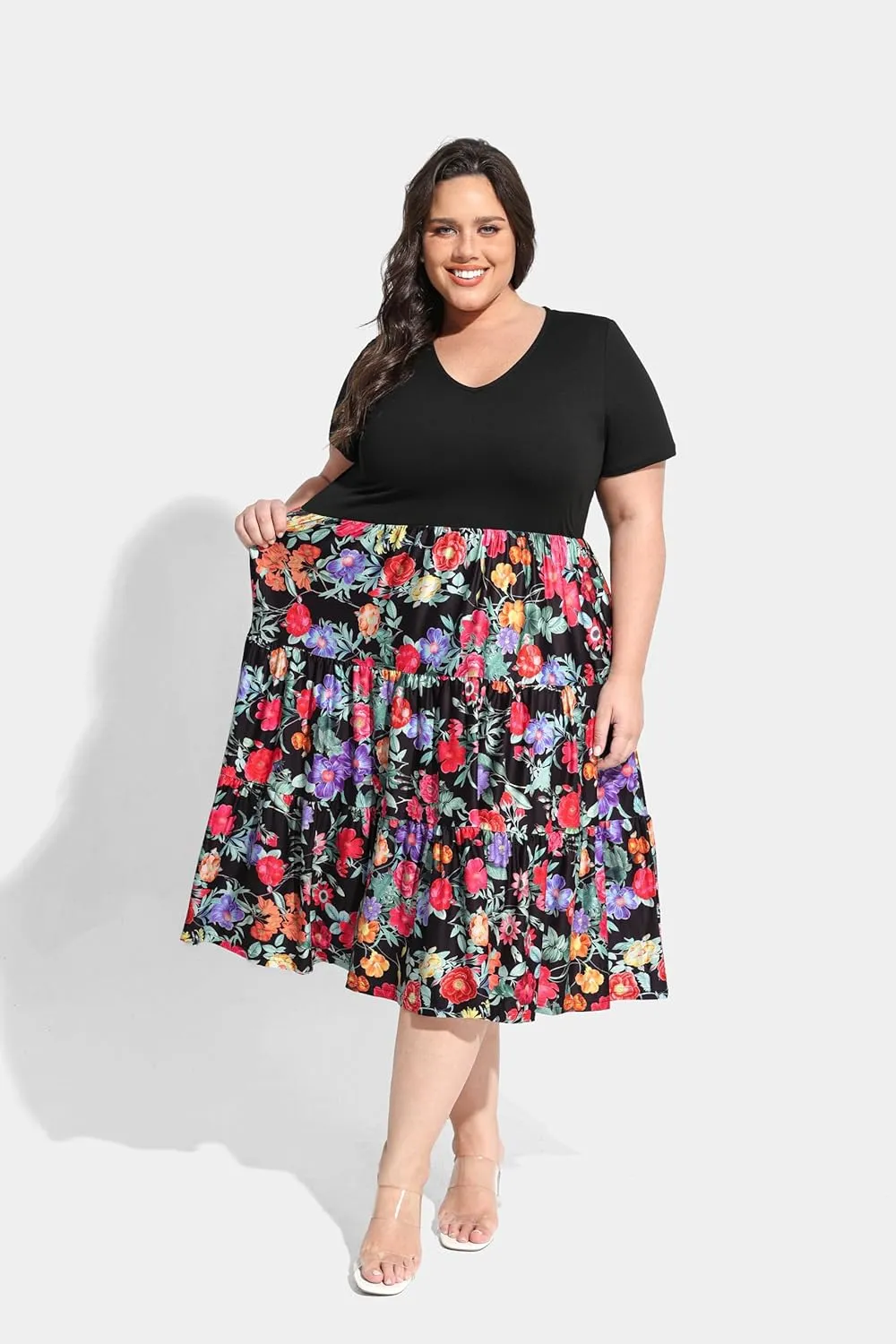 CARCOS Plus Size Dresses for Women Summer Short Sleeve V Neck Patchwork Dresseses XL-5XL