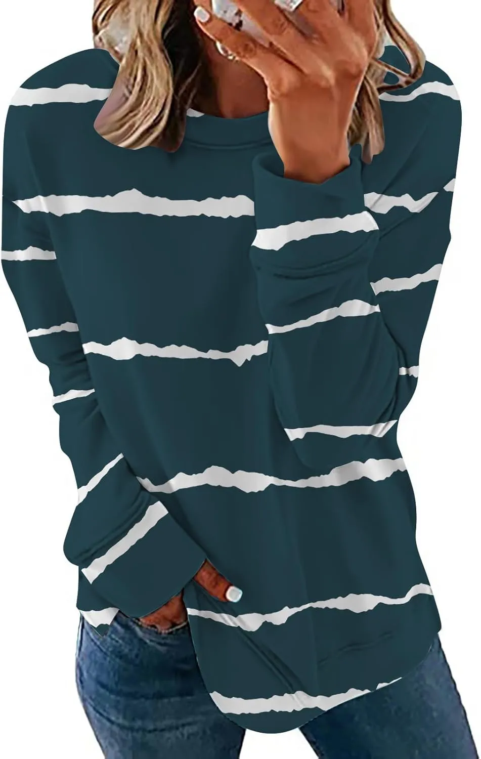 Ceboyel Womens Long Sleeve Shirts Striped Print Sweatshirt Crewneck Pullover Tops Trendy Casual Fall Clothes 2023