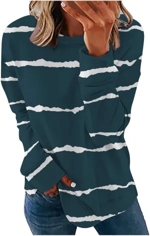 Ceboyel Womens Long Sleeve Shirts Striped Print Sweatshirt Crewneck Pullover Tops Trendy Casual Fall Clothes 2023