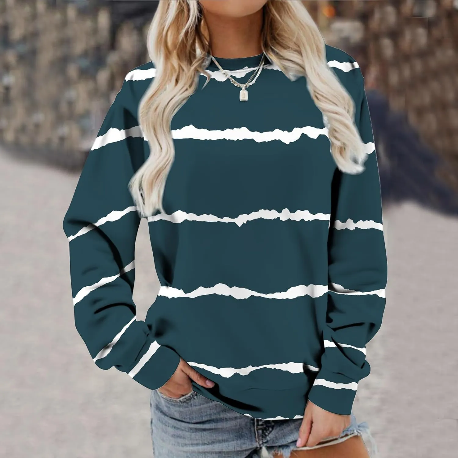 Ceboyel Womens Long Sleeve Shirts Striped Print Sweatshirt Crewneck Pullover Tops Trendy Casual Fall Clothes 2023