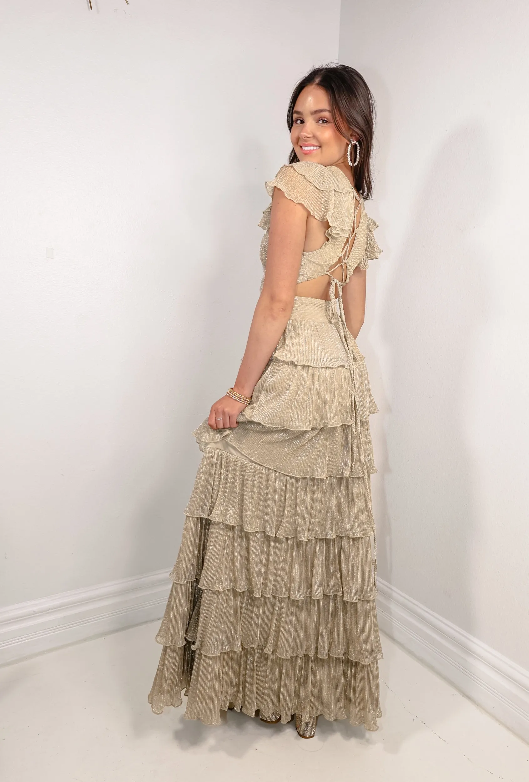 Champagne Pop Pleated Maxi Dress