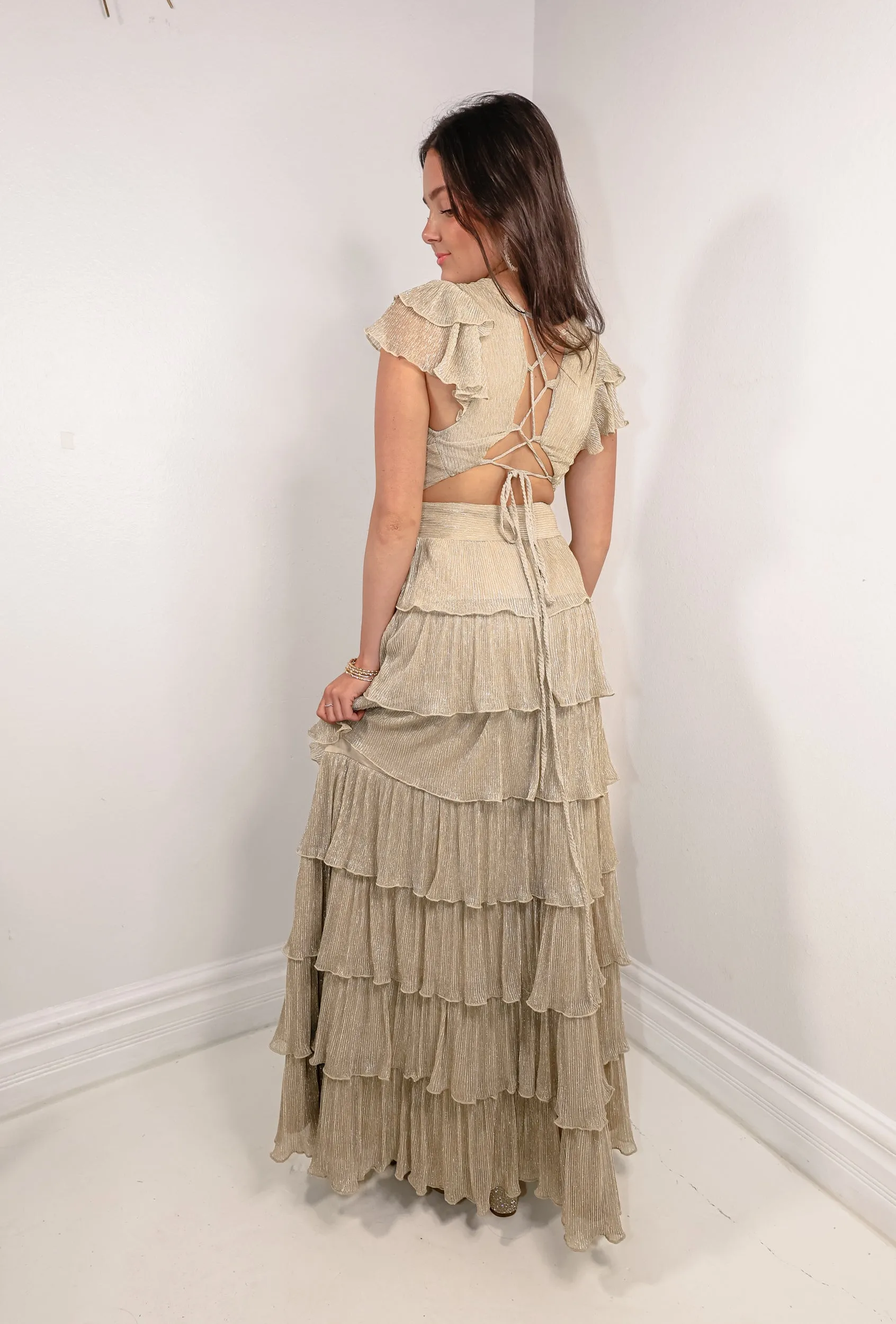 Champagne Pop Pleated Maxi Dress