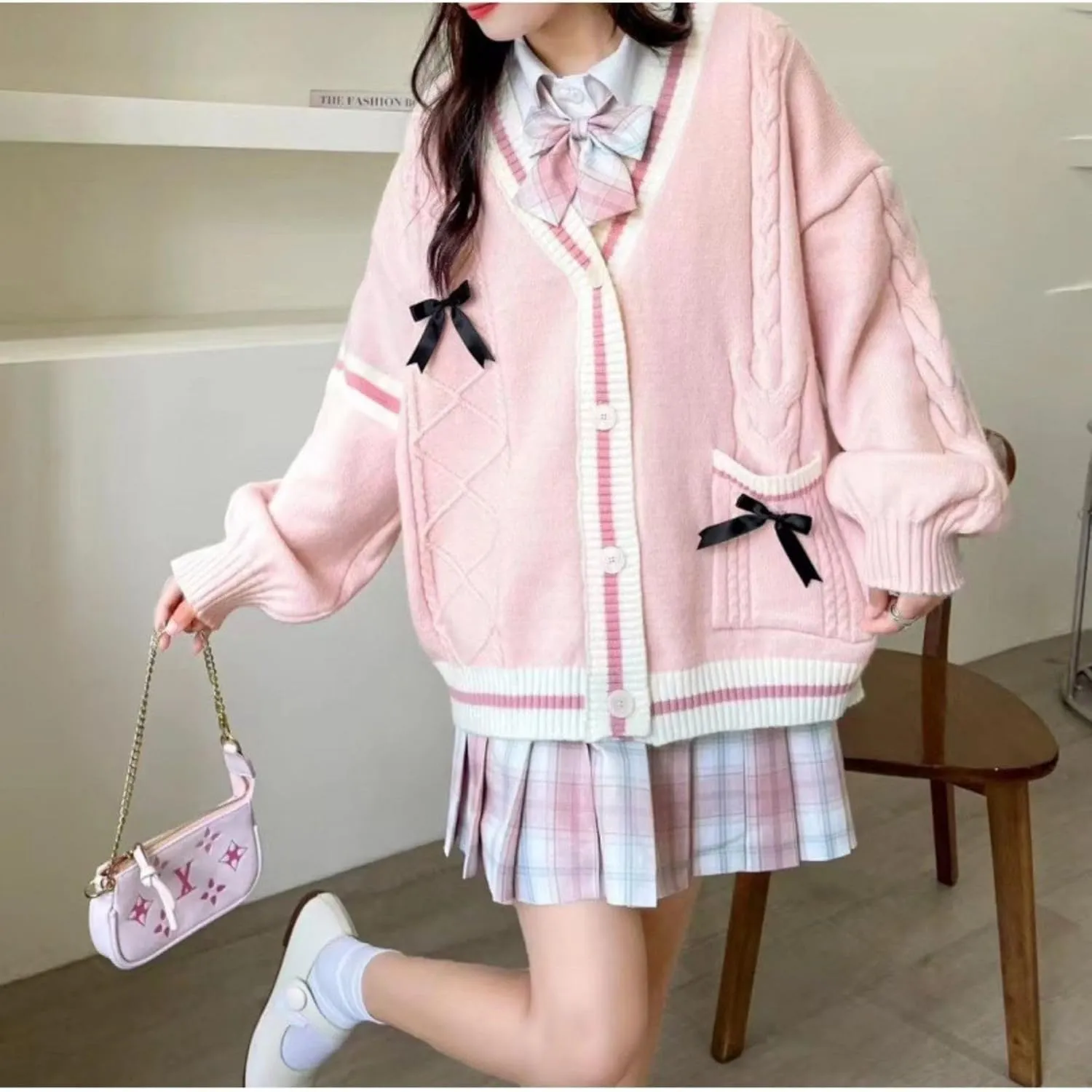 Chevara Womens Cute Sweet Cardigan Sweater Kawaii School Uniform Button Long Sleeve V-Neck Knitted Outerwear
