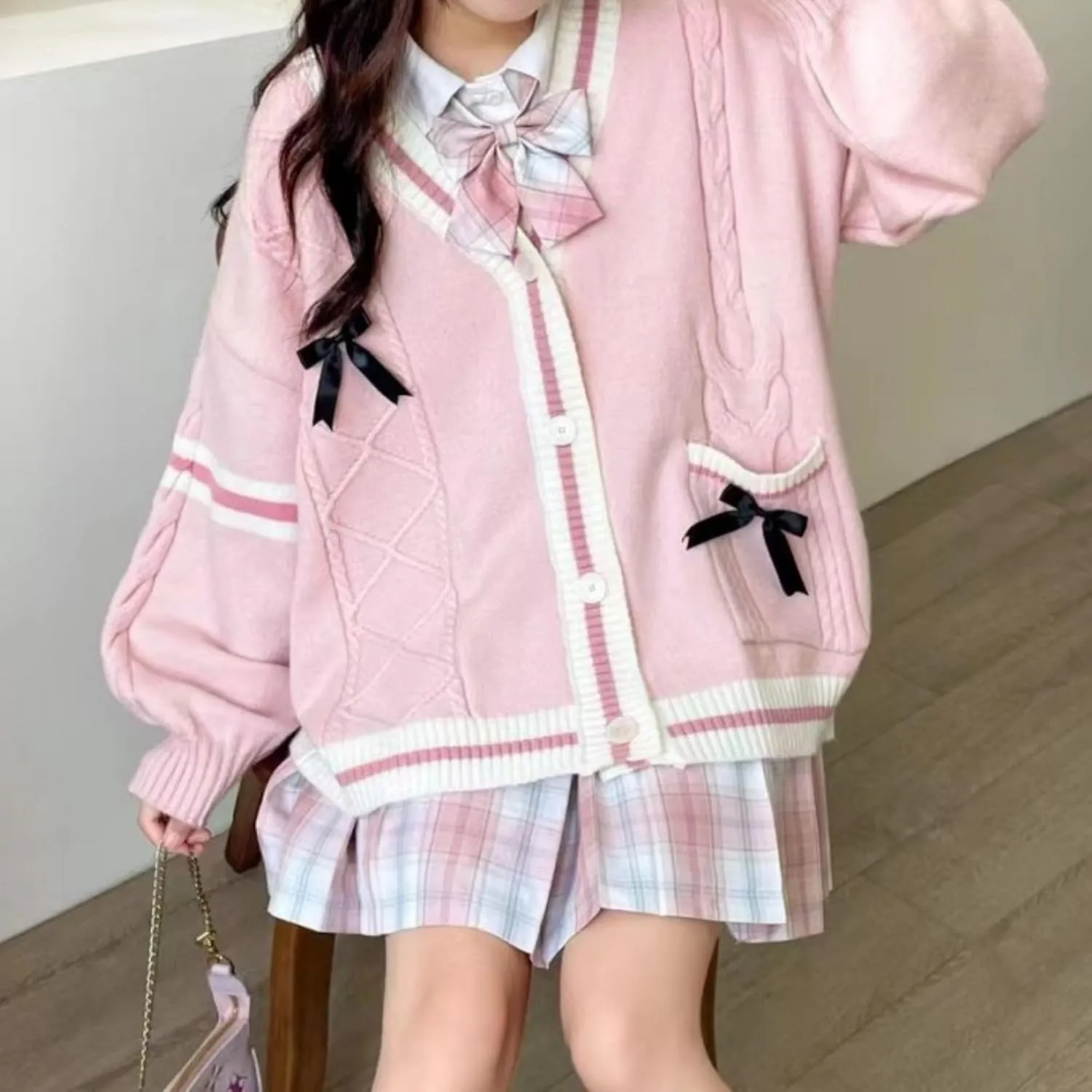 Chevara Womens Cute Sweet Cardigan Sweater Kawaii School Uniform Button Long Sleeve V-Neck Knitted Outerwear