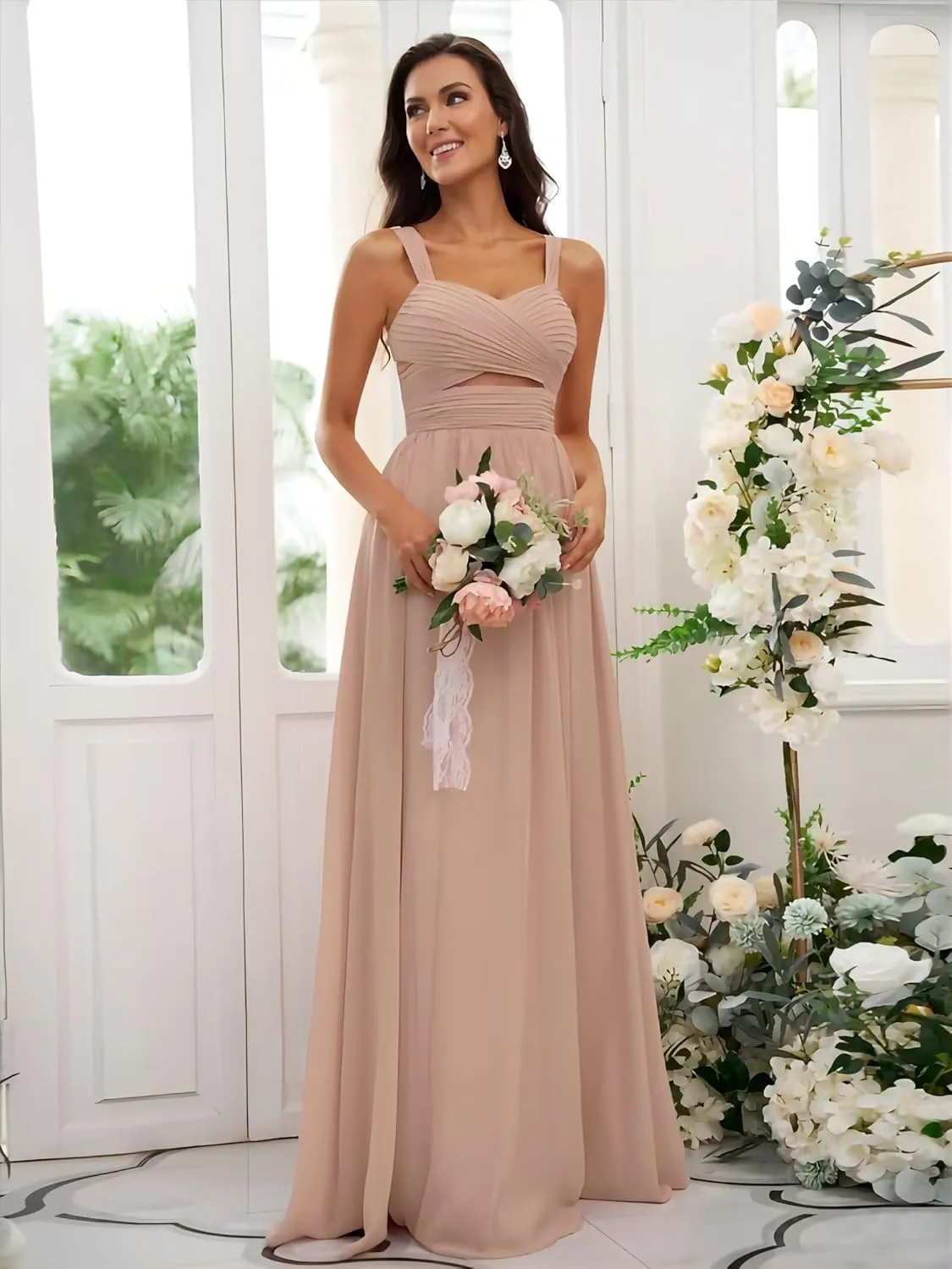 Chiffon Bridesmaid Dresses with Pockets Spaghetti Strap Sweetheart Evening Dress A-Line Ruffled Formal Gown