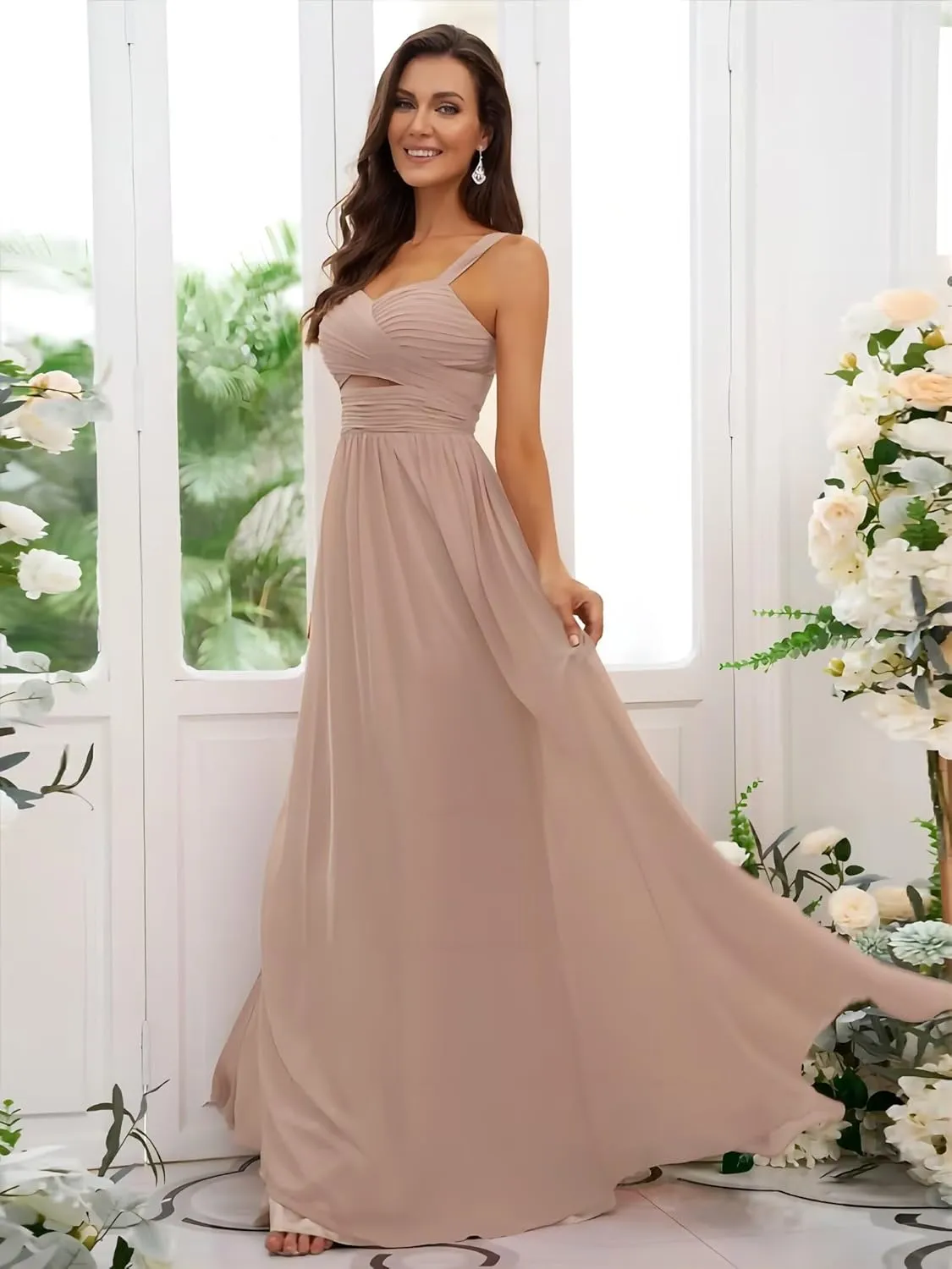 Chiffon Bridesmaid Dresses with Pockets Spaghetti Strap Sweetheart Evening Dress A-Line Ruffled Formal Gown