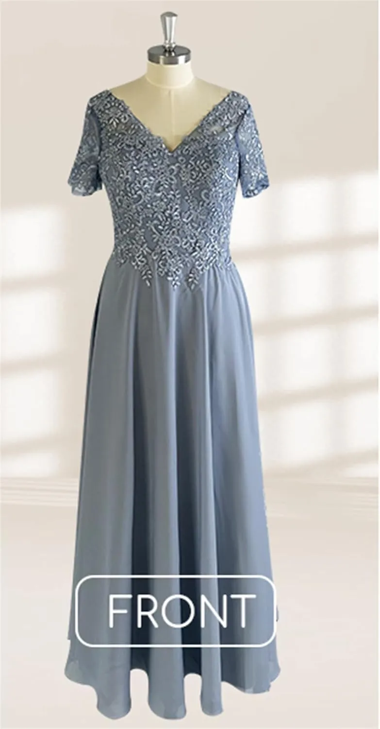 Chiffon Lace Appliques Mother of The Bride Dresses for Wedding Long V Neck Short Sleeves Formal Evening Dress