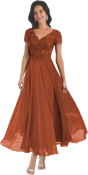 Chiffon Lace Appliques Mother of The Bride Dresses for Wedding Long V Neck Short Sleeves Formal Evening Dress