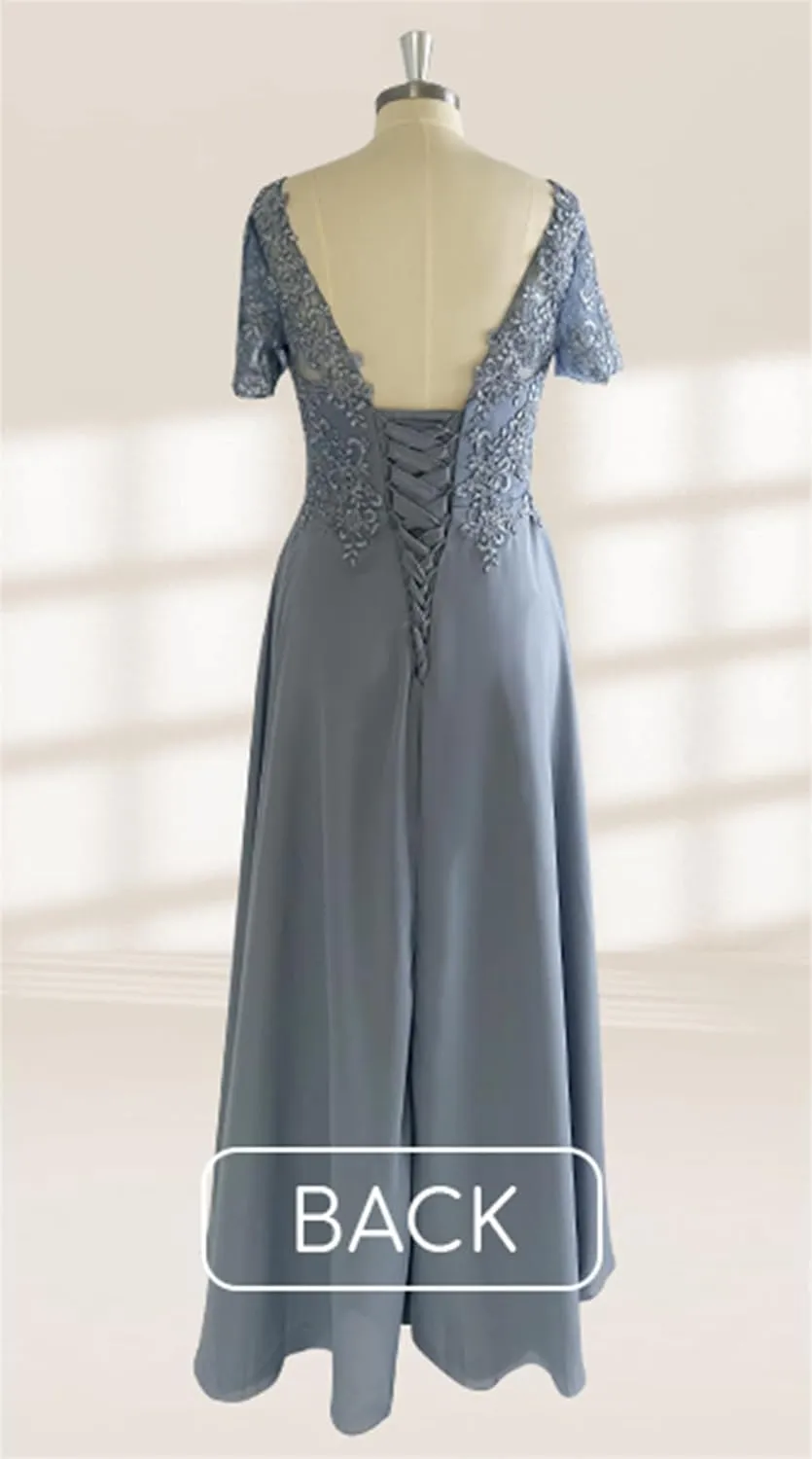 Chiffon Lace Appliques Mother of The Bride Dresses for Wedding Long V Neck Short Sleeves Formal Evening Dress