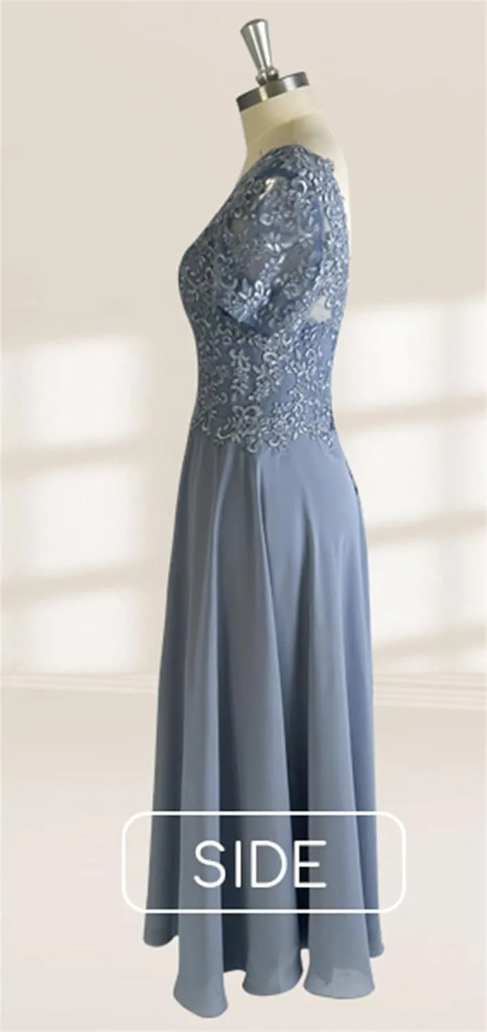 Chiffon Lace Appliques Mother of The Bride Dresses for Wedding Long V Neck Short Sleeves Formal Evening Dress
