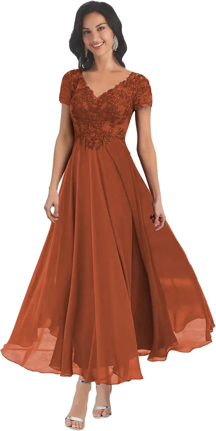Chiffon Lace Appliques Mother of The Bride Dresses for Wedding Long V Neck Short Sleeves Formal Evening Dress