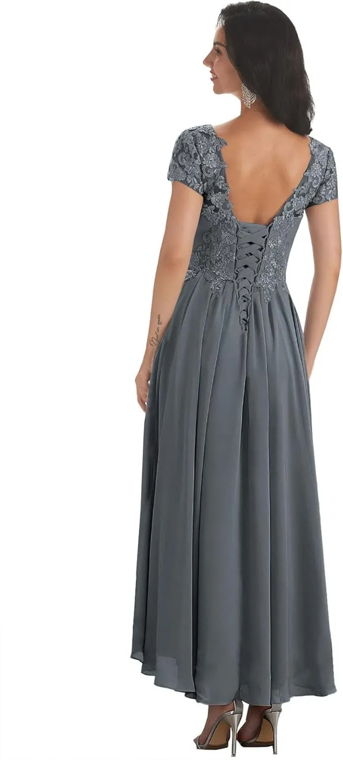 Chiffon Lace Appliques Mother of The Bride Dresses for Wedding Long V Neck Short Sleeves Formal Evening Dress