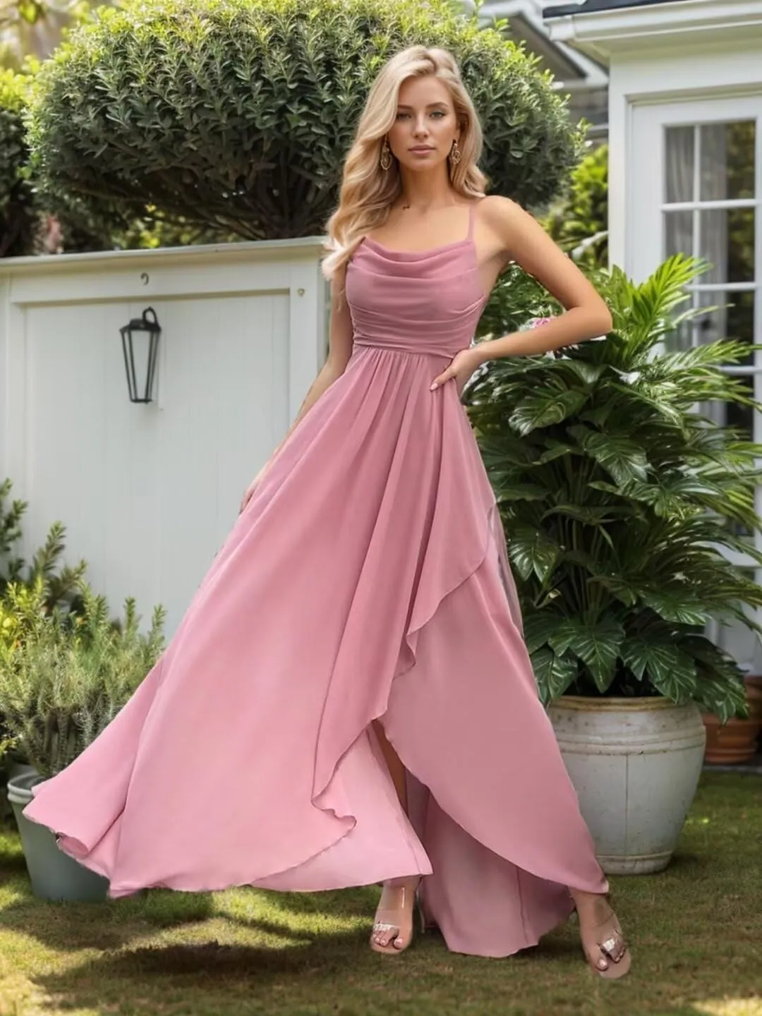 Chiffon Long Bridesmaid Dresses for Women Spaghetti Straps Cowl Neck Ruched Formal Evening Dresses with Slit