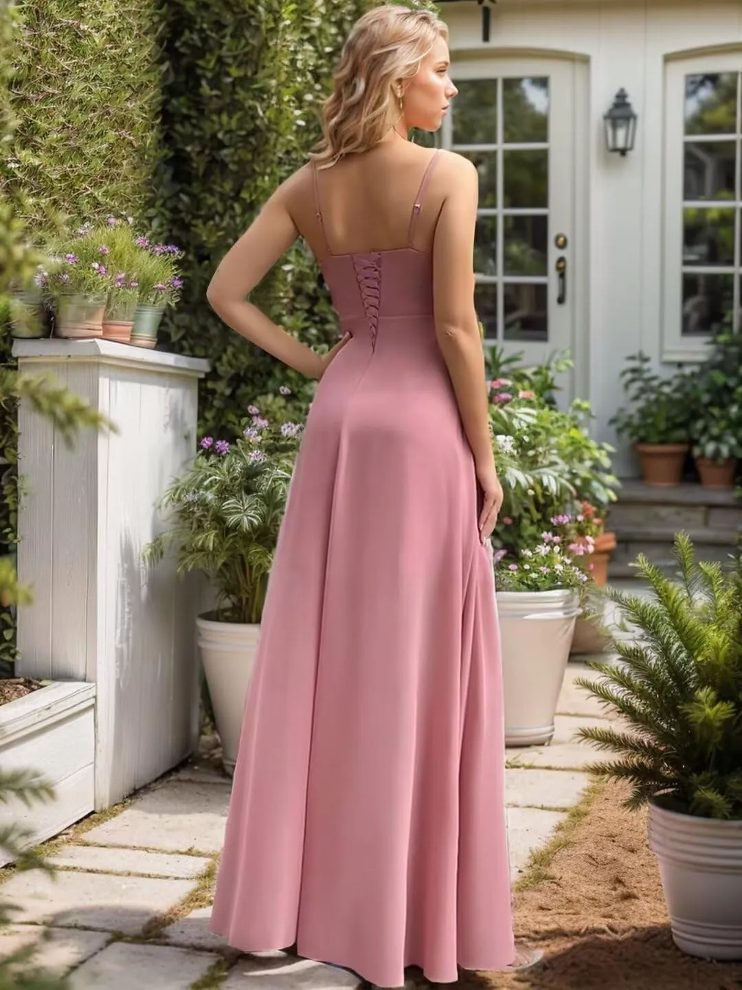Chiffon Long Bridesmaid Dresses for Women Spaghetti Straps Cowl Neck Ruched Formal Evening Dresses with Slit