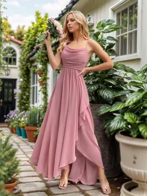 Chiffon Long Bridesmaid Dresses for Women Spaghetti Straps Cowl Neck Ruched Formal Evening Dresses with Slit