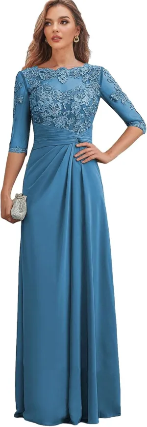 Chiffon Long Mother of The Bride Dresses for Women Lace Appliques Formal Evening Dress with Sleeves