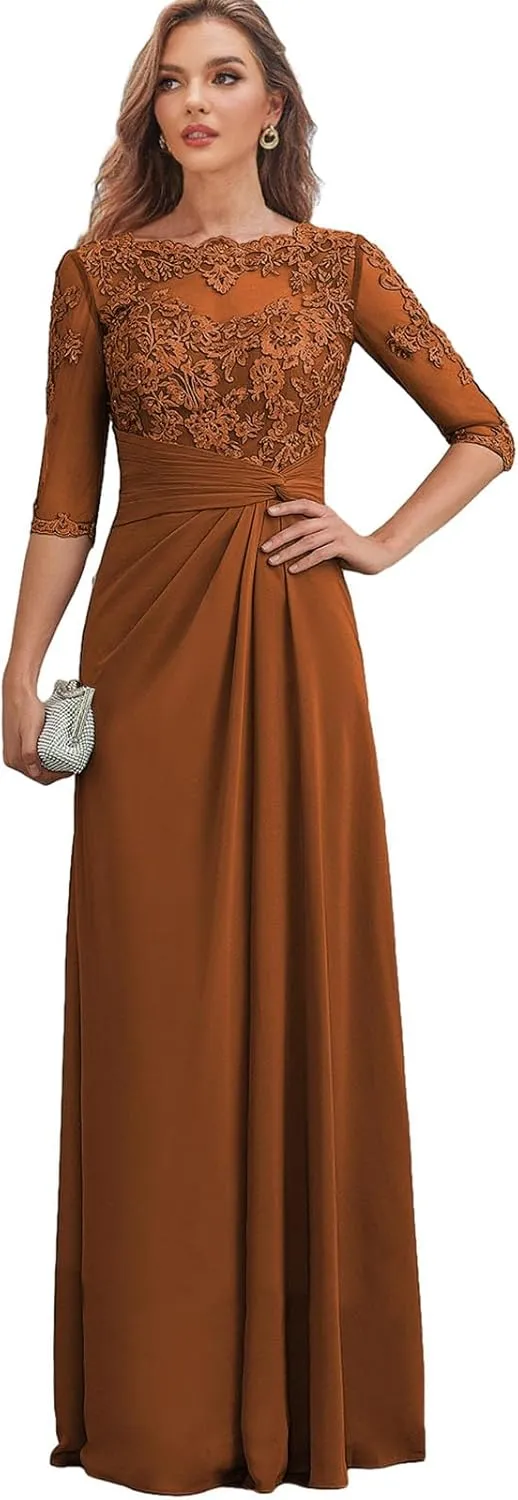 Chiffon Long Mother of The Bride Dresses for Women Lace Appliques Formal Evening Dress with Sleeves