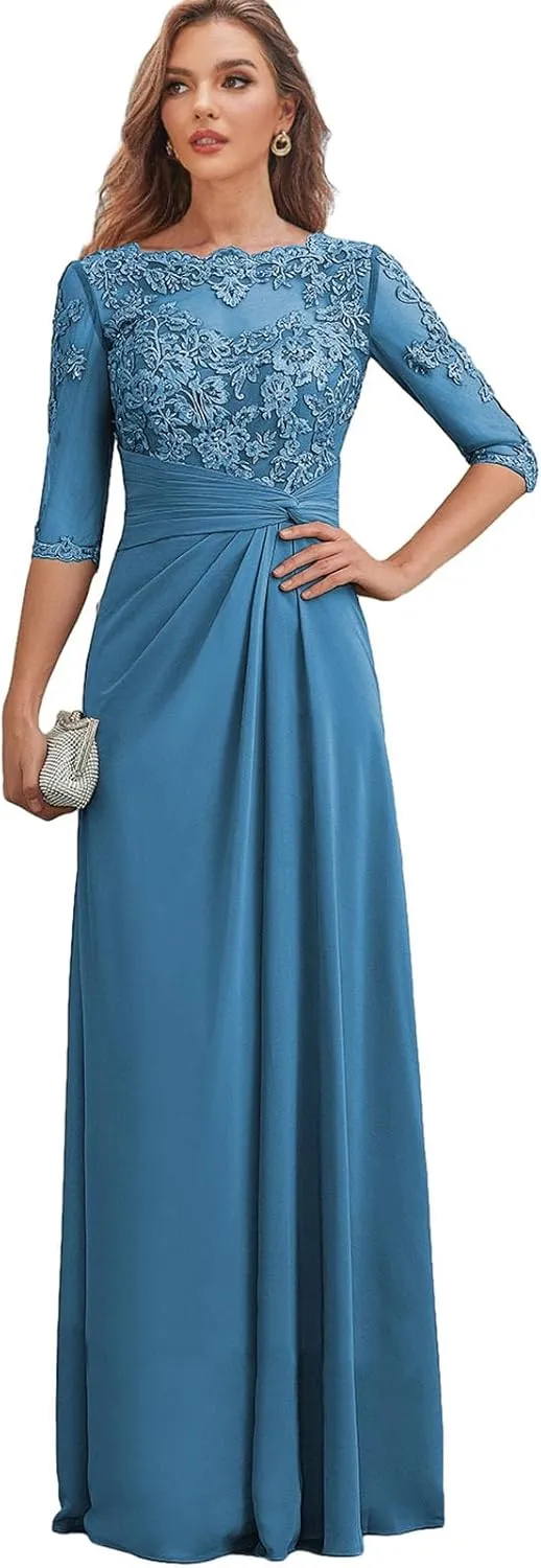 Chiffon Long Mother of The Bride Dresses for Women Lace Appliques Formal Evening Dress with Sleeves