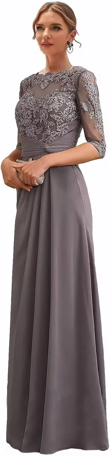 Chiffon Long Mother of The Bride Dresses for Women Lace Appliques Formal Evening Dress with Sleeves