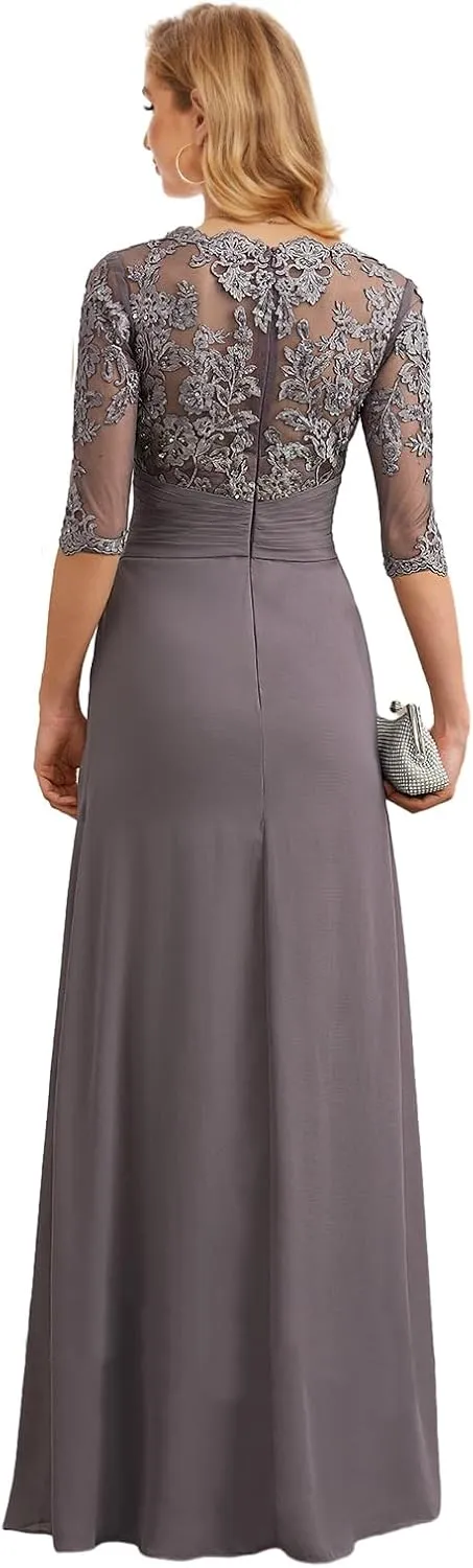 Chiffon Long Mother of The Bride Dresses for Women Lace Appliques Formal Evening Dress with Sleeves
