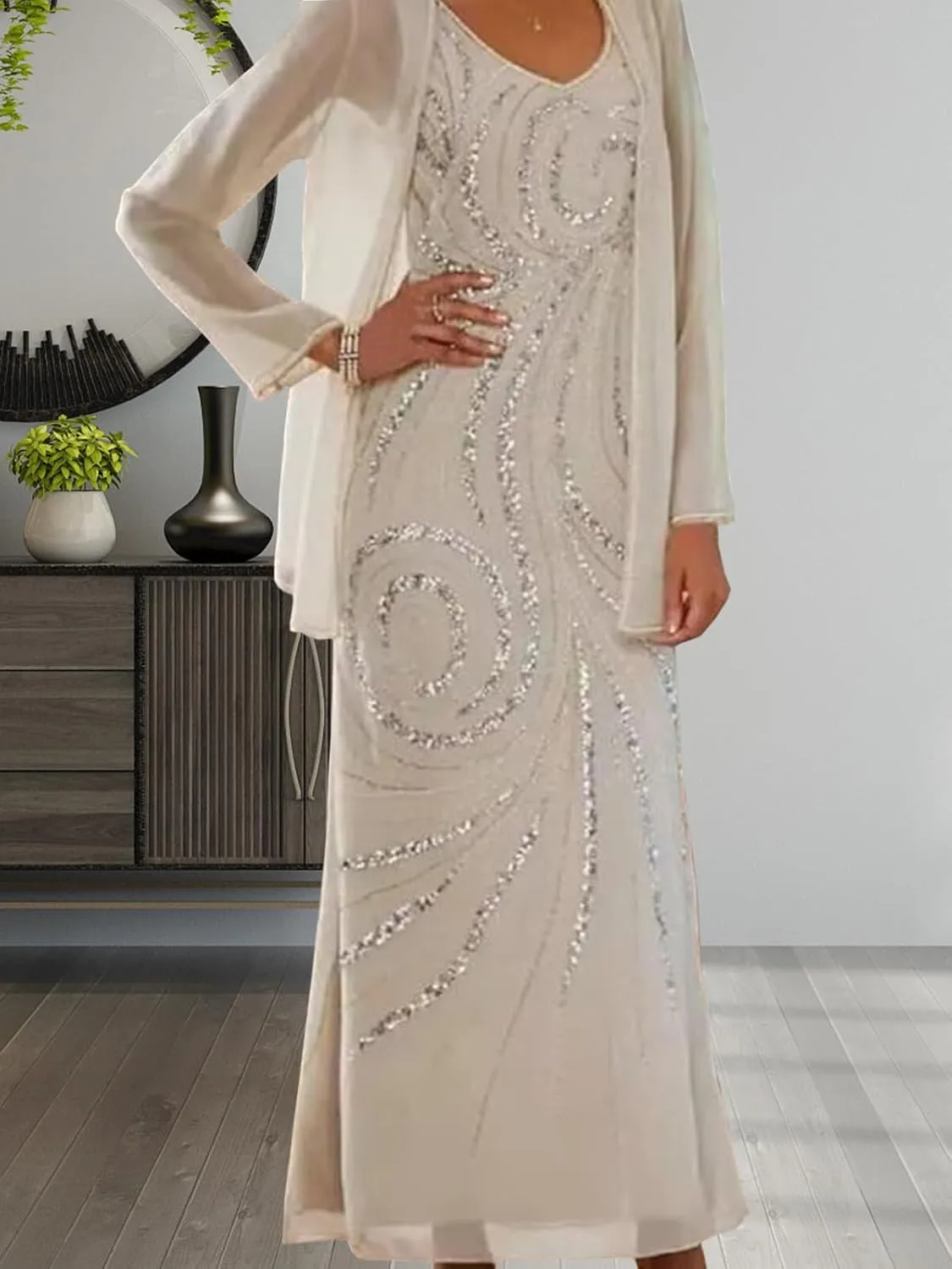Chiffon Mother of The Bride Dress Sequin 2025 Long Wedding Guest Dresses with Jacket