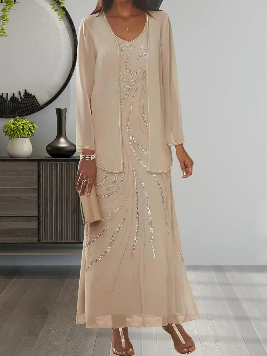 Chiffon Mother of The Bride Dress Sequin 2025 Long Wedding Guest Dresses with Jacket