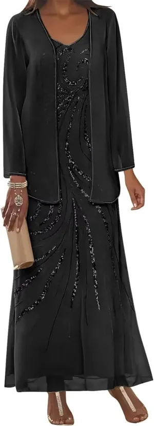 Chiffon Mother of The Bride Dress Sequin 2025 Long Wedding Guest Dresses with Jacket
