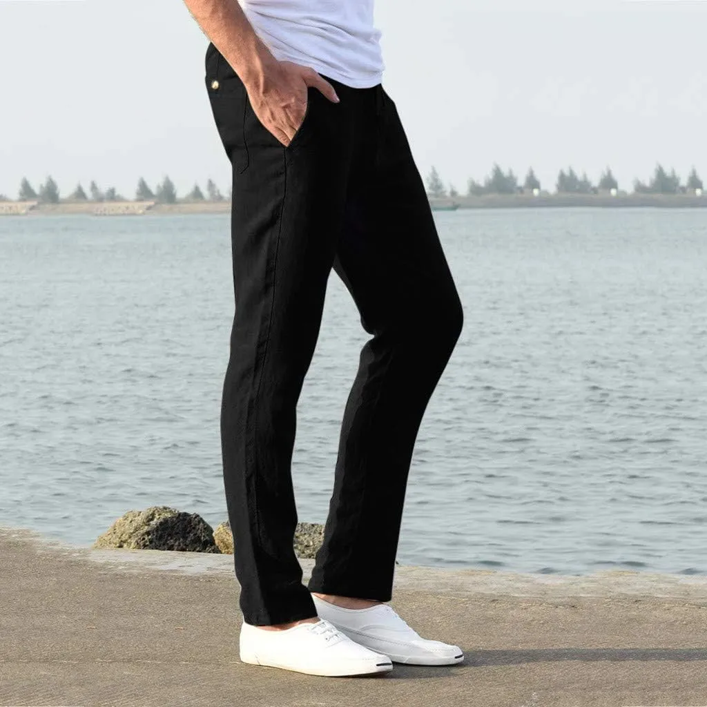 Cotton Men's Casual Pants Lightweight Elastic Drawstring Breathable Relaxed Straight Daily Travel Summer Trousers