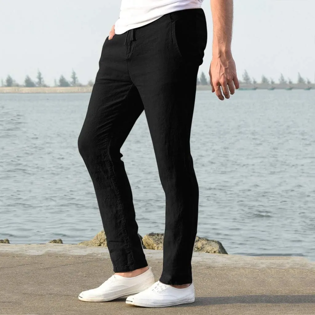 Cotton Men's Casual Pants Lightweight Elastic Drawstring Breathable Relaxed Straight Daily Travel Summer Trousers