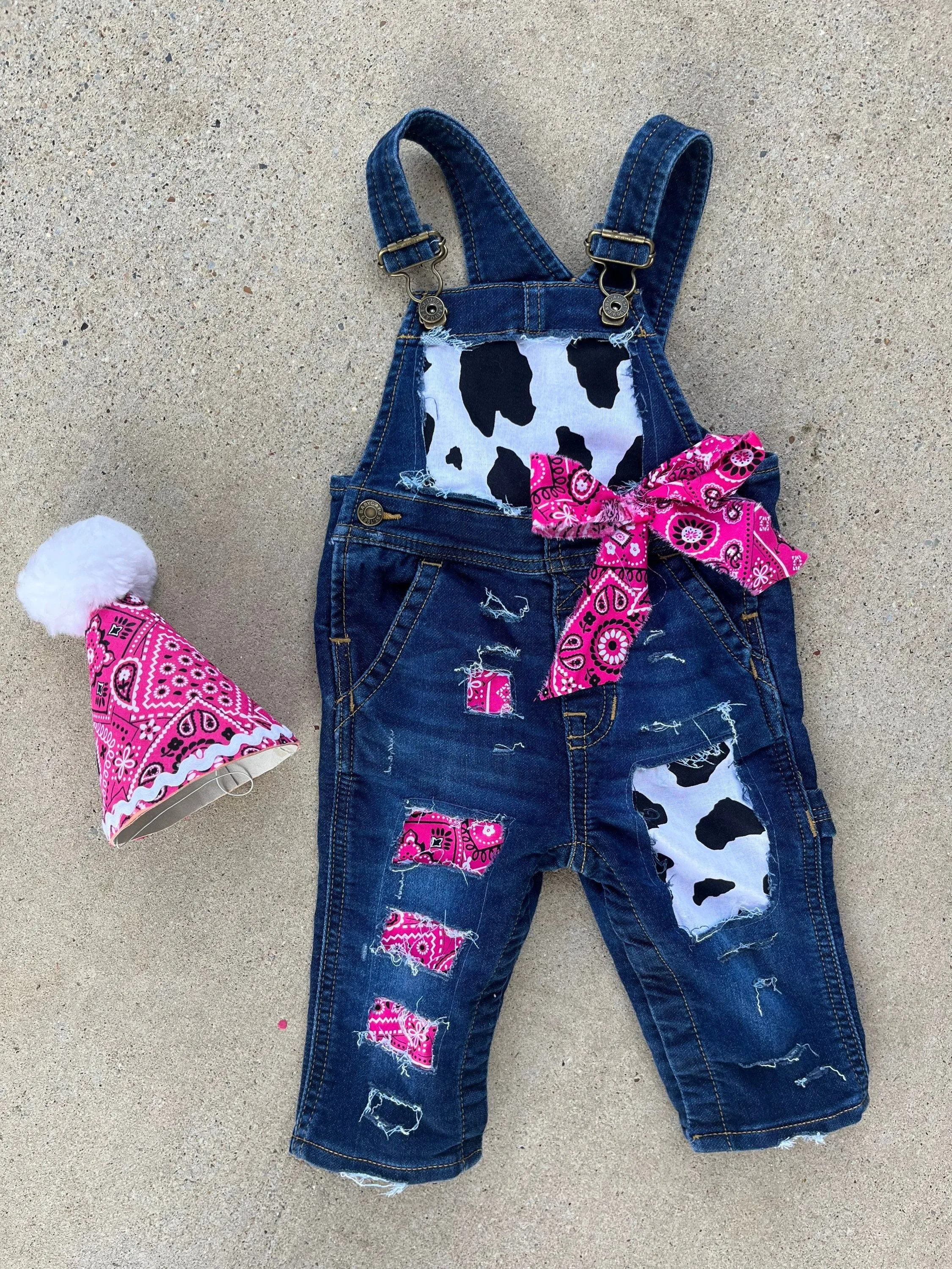 COWGIRL BIRTHDAY outfit- FIRST birthday - overalls -pink denim & cow print birthday outfit -Country -Cowgirl -personalized- distressed jeans