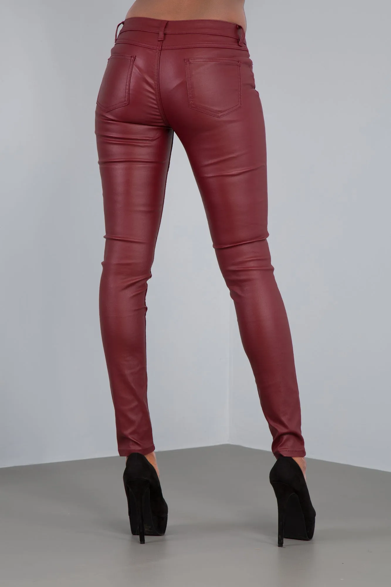 CrimsonGlam Mid-Waist Faux Leather Leggings – Burgundy