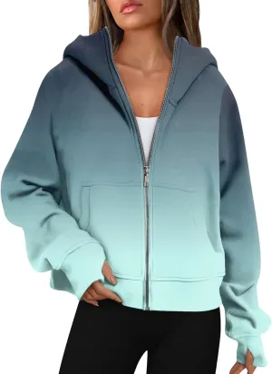 Cropped Hoodie Women Zip Pullover Thumb Hole Fall Hoodies Comfy Solid Long Sleeve Shirts Winter Clothes With Pockets