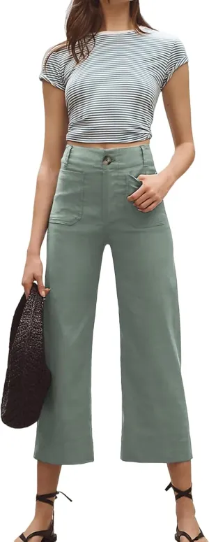 Cropped Wide-Leg Pants Casual High Waist Baggy Pants Stretchy Straight Trousers with Pockets