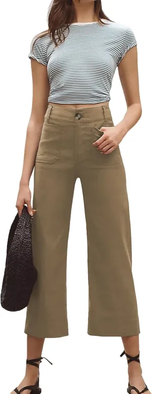 Cropped Wide-Leg Pants Casual High Waist Baggy Pants Stretchy Straight Trousers with Pockets