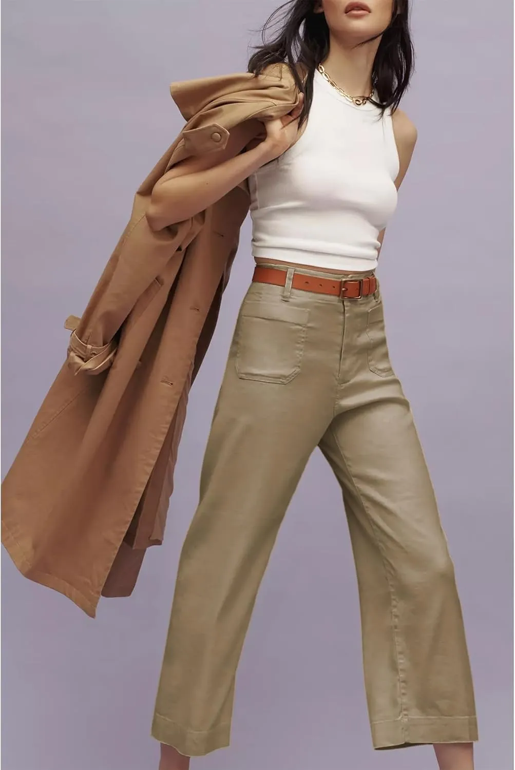 Cropped Wide-Leg Pants Casual High Waist Baggy Pants Stretchy Straight Trousers with Pockets